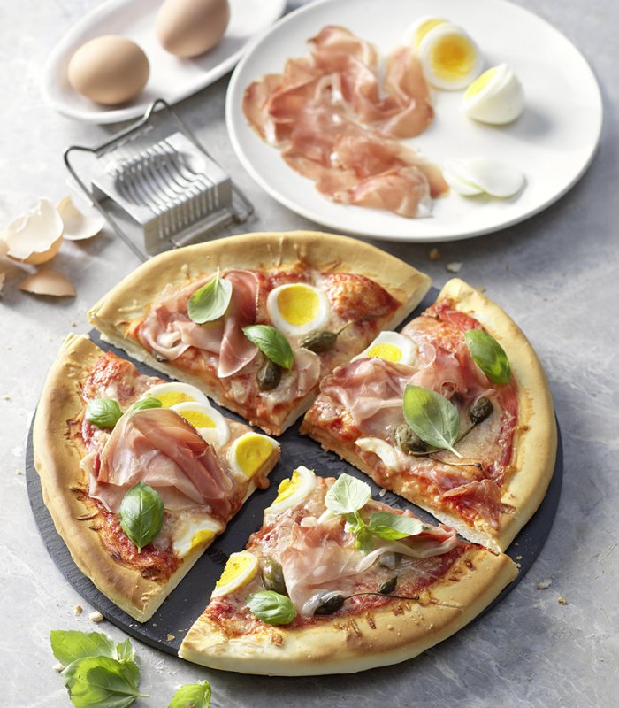 Recept - pizza prosciutto ei - vers pizzadeeg - Tante Fanny